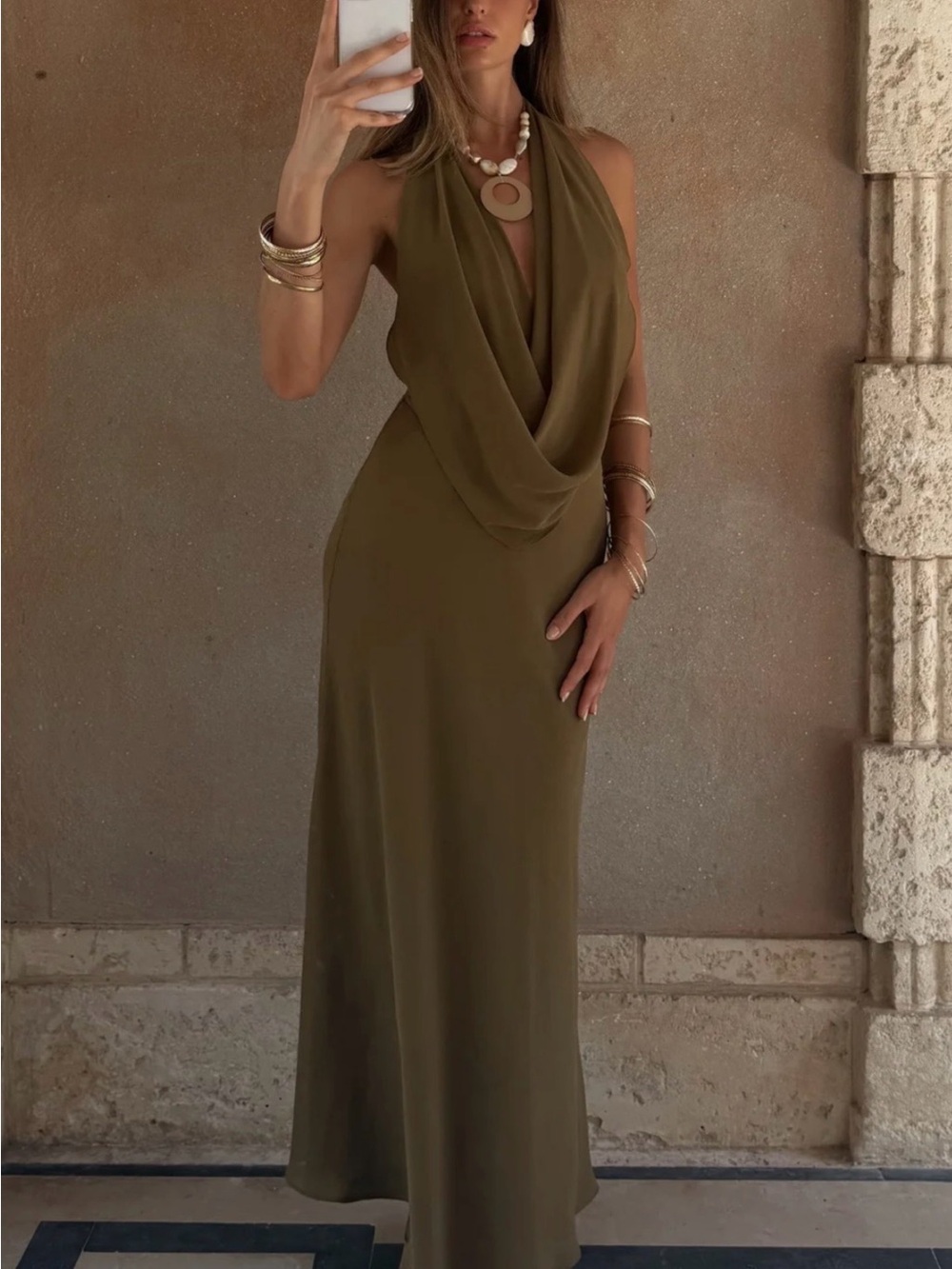 12th Tribe Olive Green Halter Drape Maxi Dress